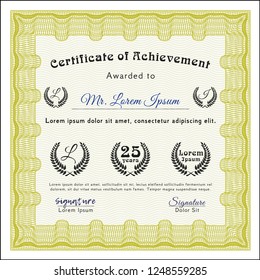 Yellow Sample certificate or diploma. Vector illustration. With guilloche pattern. Lovely design. 