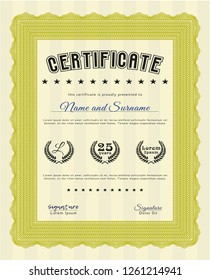 Yellow Sample certificate or diploma. Vector illustration. With complex background. Nice design. 