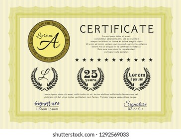 Yellow Sample certificate or diploma. Vector illustration. With guilloche pattern. Excellent design. 