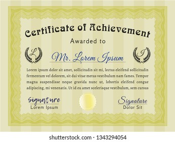 Yellow Sample certificate or diploma. Vector illustration. With linear background. Elegant design. 