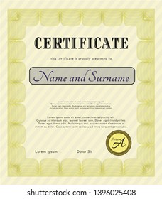 Yellow Sample certificate or diploma. Vector illustration. Easy to print. Elegant design. 