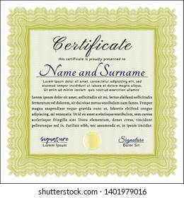 Yellow Sample certificate or diploma. Vector illustration. With complex linear background. Retro design. 