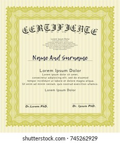 Yellow Sample certificate or diploma. Vector illustration. With background. Sophisticated design. 