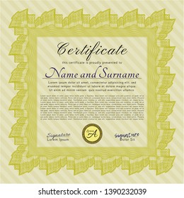 Yellow Sample Certificate. Excellent design. Detailed. With complex linear background. 