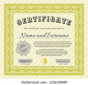 Yellow Sample Certificate. Good design. Easy to print. Vector illustration. 