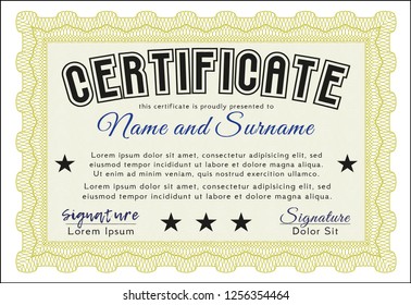 Yellow Sample Certificate. Good design. Detailed. Easy to print. 