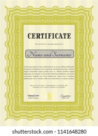 Yellow Sample Certificate. With great quality guilloche pattern. Customizable, Easy to edit and change colors. Beauty design. 