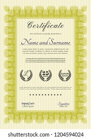 Yellow Sample Certificate. With great quality guilloche pattern. Modern design. Detailed. 