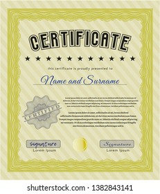Yellow Sample Certificate. With great quality guilloche pattern. Vector illustration. Retro design. 