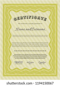 Yellow Sample Certificate. With guilloche pattern and background. Excellent design. Vector illustration. 