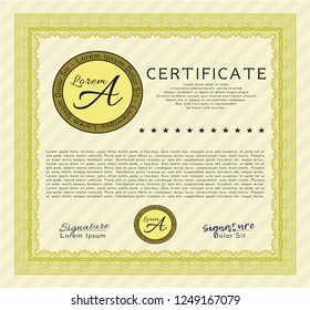 Yellow Sample Certificate. With guilloche pattern. Cordial design. Detailed. 