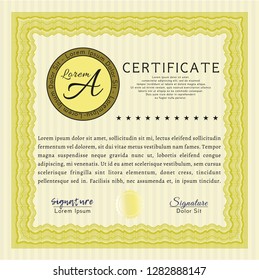Yellow Sample Certificate. With guilloche pattern and background. Lovely design. Detailed. 