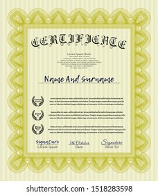 Yellow Sample Certificate. With linear background. Customizable, Easy to edit and change colors. Money style design. 