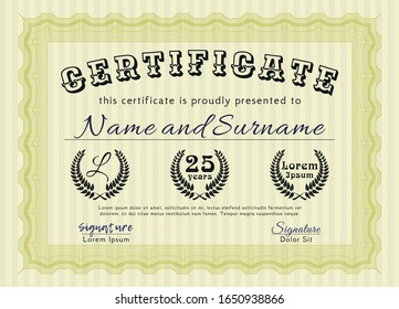 Yellow Sample Certificate. With linear background. Money Pattern design. Vector illustration. 