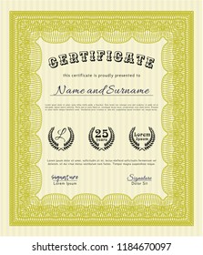 Yellow Sample Certificate. Modern design. Vector illustration. Printer friendly. 