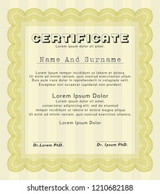 Yellow Sample Certificate. Modern design. With quality background. Vector illustration. 