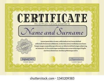 Yellow Sample Certificate. Modern design. Detailed. With great quality guilloche pattern. 