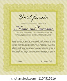 Yellow Sample Certificate. Money design. Detailed. With complex background. 