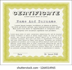 Yellow Sample Certificate. Money design. With great quality guilloche pattern. Detailed. 