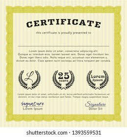Yellow Sample Certificate. Money design. With background. Vector illustration. 