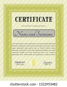 Yellow Sample Certificate. Money design. Vector illustration. With complex background. 
