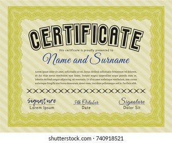 Yellow Sample Certificate. Money design. Vector illustration. With guilloche pattern and background. 
