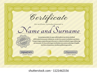 Yellow Sample Certificate. Money Pattern. Detailed. With background. 