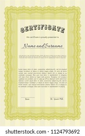 Yellow Sample Certificate. Money Pattern design. Vector illustration. Easy to print. 