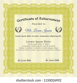 Yellow Sample Certificate. Money style design. Detailed. With background. 