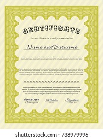 Yellow Sample Certificate. Money style design. Vector illustration. With background. 