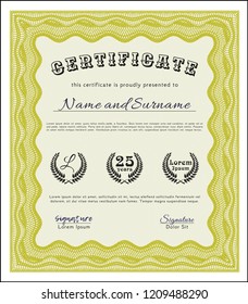 Yellow Sample Certificate. Nice design. Vector illustration. With great quality guilloche pattern. 