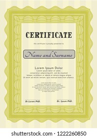 Yellow Sample Certificate. Perfect design. With guilloche pattern and background. Customizable, Easy to edit and change colors. 