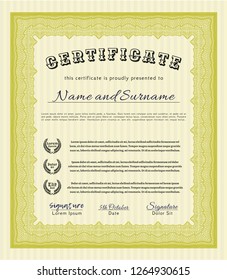 Yellow Sample Certificate. With quality background. Money design. Detailed. 