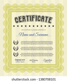 Yellow Sample Certificate. With quality background. Money style design. Customizable, Easy to edit and change colors. 