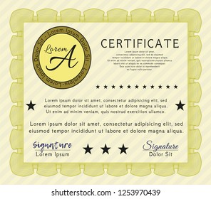 Yellow Sample Certificate. Retro design. Customizable, Easy to edit and change colors. With guilloche pattern. 
