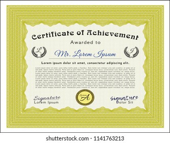 Yellow Sample Certificate. Superior design. Vector illustration. With great quality guilloche pattern. 
