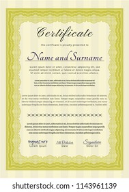 Yellow Sample Certificate. Superior design. With great quality guilloche pattern. Detailed. 