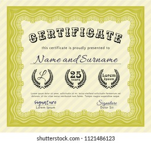 Yellow Sample Certificate. Vector illustration. With background. Retro design. 