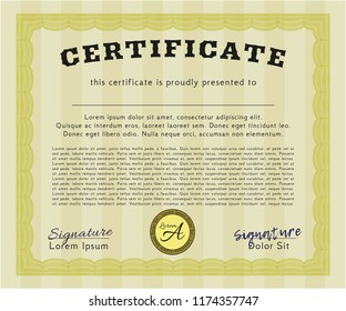 Yellow Sample Certificate. Vector illustration. With guilloche pattern and background. Lovely design. 