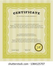 Yellow Sample Certificate. Vector illustration. Complex background. Money Pattern design. 