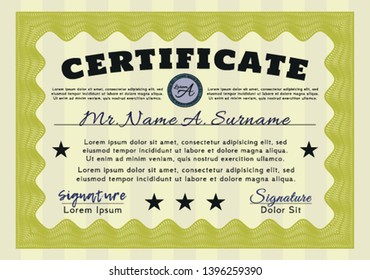 Yellow Sample Certificate. Vector illustration. Complex background. Lovely design. 