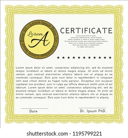 Yellow Sample Diploma. Artistry design. With quality background. Detailed. 