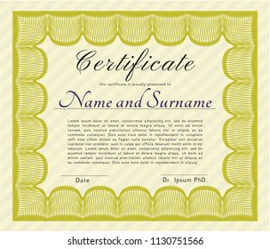 Yellow Sample Diploma. Complex background. Money style design. Detailed. 