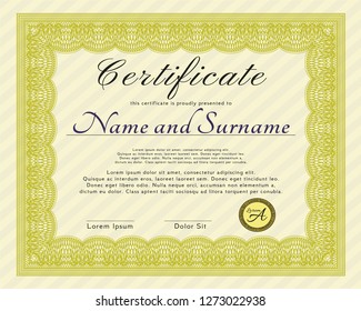 Yellow Sample Diploma. With complex background. Retro design. Customizable, Easy to edit and change colors. 