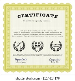 Yellow Sample Diploma. With complex linear background. Detailed. Nice design. 