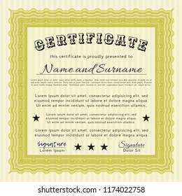 Yellow Sample Diploma. With complex linear background. Customizable, Easy to edit and change colors. Cordial design. 