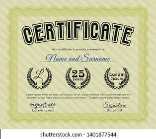 Yellow Sample Diploma. With complex linear background. Money style design. Customizable, Easy to edit and change colors. 
