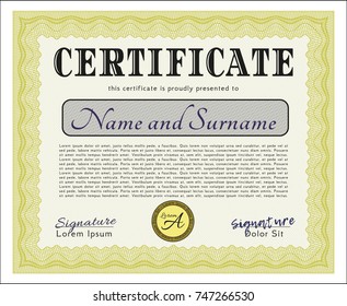 Yellow Sample Diploma. With complex linear background. Nice design. Detailed. 