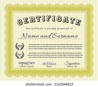 Yellow Sample Diploma. Cordial design. Complex background. Customizable, Easy to edit and change colors. 
