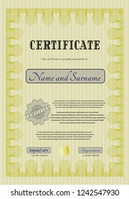 Yellow Sample Diploma. Cordial design. Vector illustration. With linear background. 